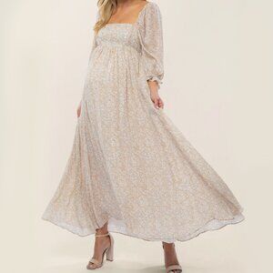 Beige Chiffon Printed Square Neck Empire Maternity Maxi Dress